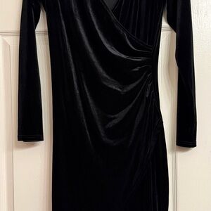 Long-Sleeve Black Velvet Ruched Wrap Dress